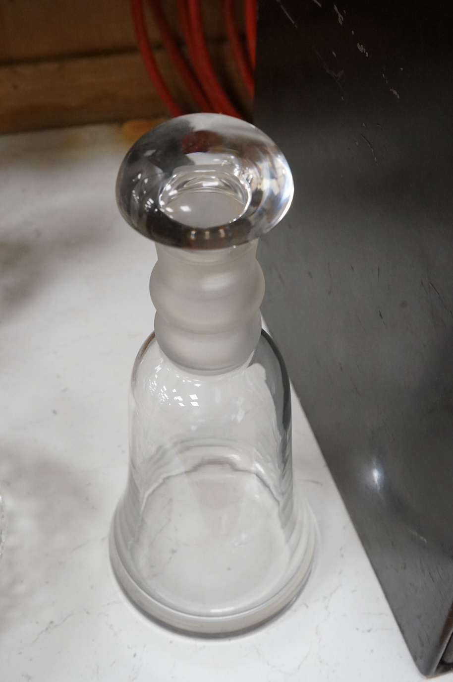 A Webb Corbett bowl, two decanters and another decanter, largest 30cm high